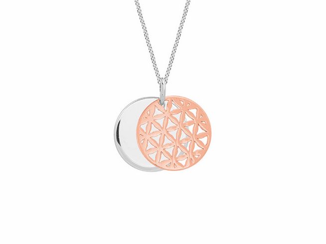 Xenox Sterling Silber Kette XS3437R mit Lebensblume Anhänger in Roségold vergoldet. Ankerkette, Länge 40-45 cm, modernes Design, Symbol der Harmonie und des Lebens.
