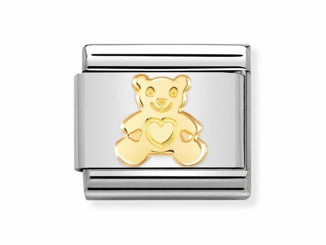 Edelstahl Charm mit einem goldenen Bärenmotiv, das ein Herz auf der Brust trägt, aus der Kollektion Nomination 030162 71 Classic, Hersteller Nomination, Gold 750.