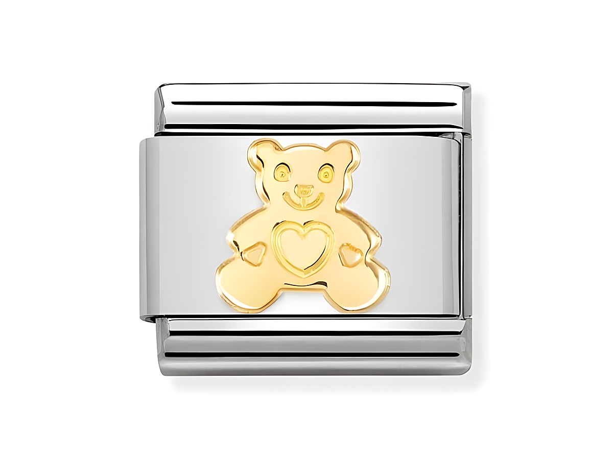 Edelstahl Charm mit einem goldenen Bärenmotiv, das ein Herz auf der Brust trägt, aus der Kollektion Nomination 030162 71 Classic, Hersteller Nomination, Gold 750.