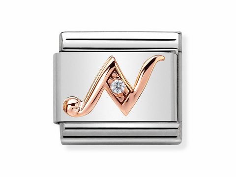 Silbernes Armbandglied von Nomination mit einer stilisierten Buchstabenform N in Roségold und einem funkelnden Zirkonia, geeignet für die Composable Classic Kollektion.