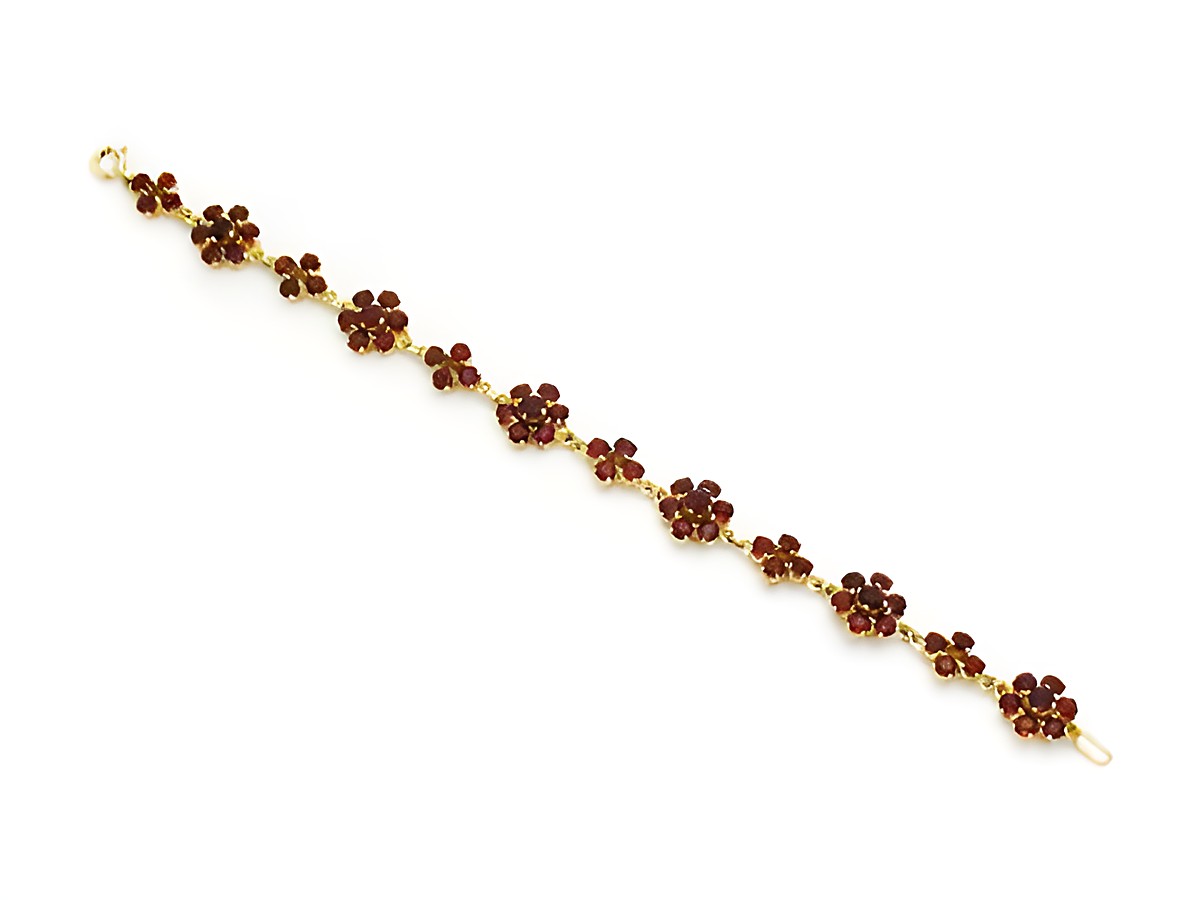 Granat Armband 18,5 cm aus vergoldetem Silber mit blütenförmigem Design, verziert mit roten Granatsteinen, hergestellt von Juwelier Harnisch, elegantes Schmuckstück. – Ansicht 2