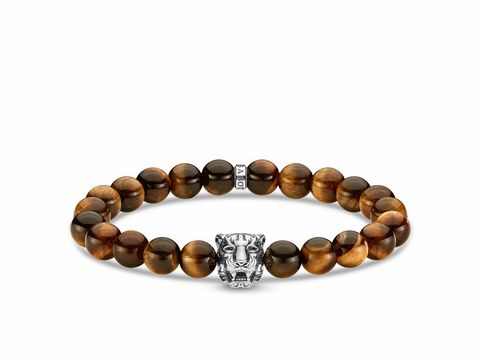 Armband von Thomas Sabo A1939-950-2-L16 aus Silber und braunen Tigeraugen, mit einem markanten Löwenkopf-Element, Gesamtlänge bis 16 cm.