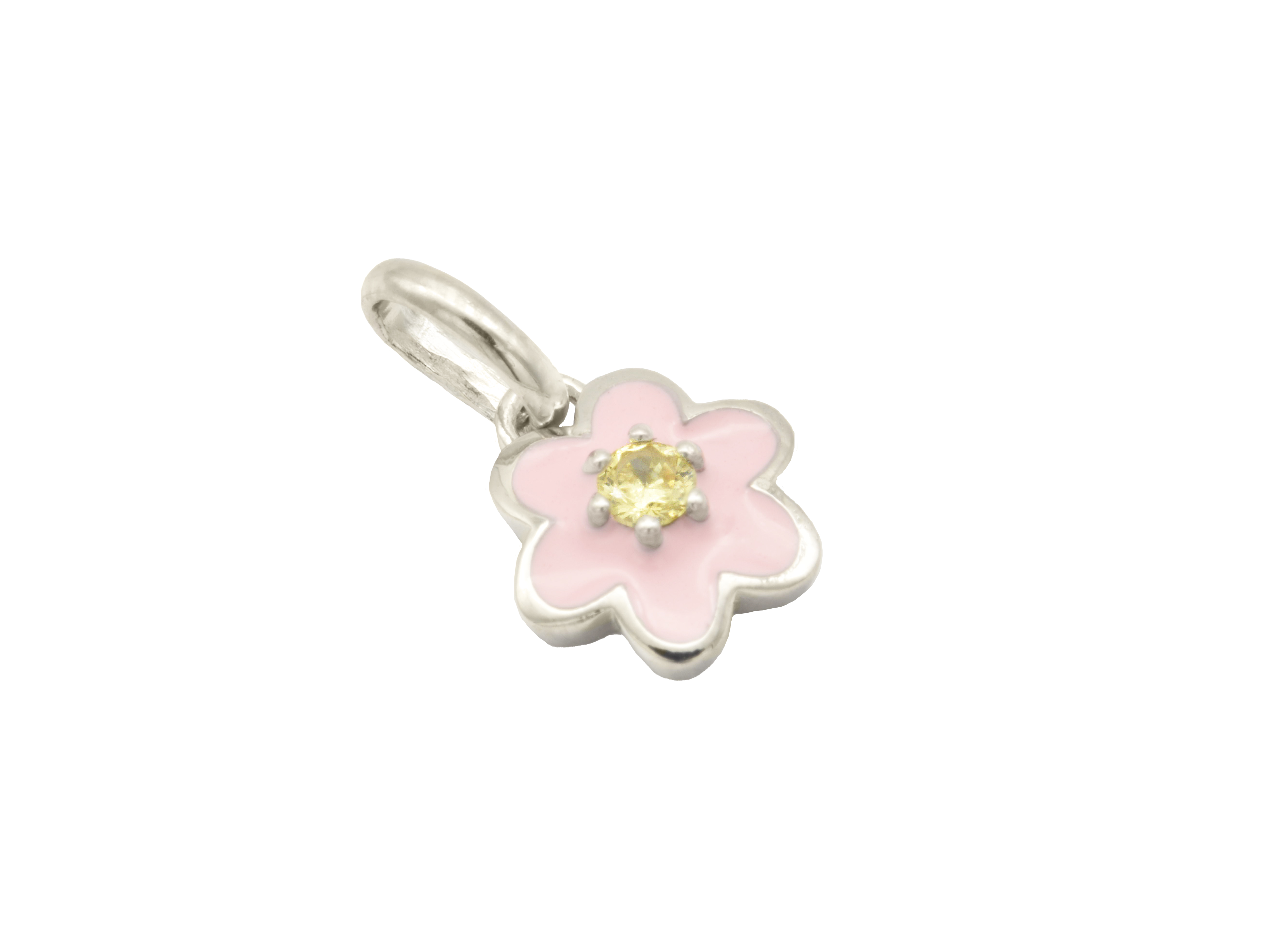 Silberner Anhänger in Blumenform für Kinder, rhodiniert und poliert, mit rosa Lack und Zirkonia im Zentrum. Ideal als Schmuckstück von Juwelier Harnisch.
