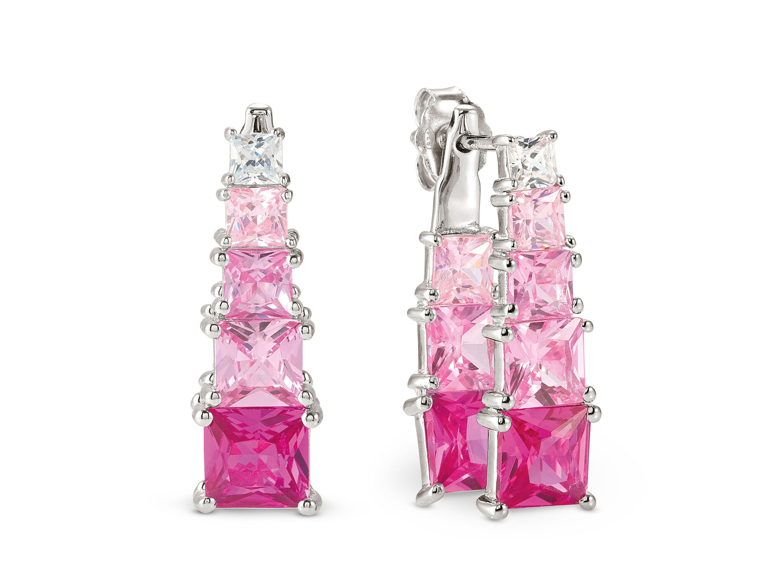 Nomination 242106 03 DAYTONIGHT Ohrhänger aus Sterling Silber - Zirkonia besetzt - Rosa - 2,5 cm Ohrhänger aus Sterling Silber mit Zirkonia in verschiedenen Rosatönen, ausgestattet mit mehreren quadratischen Steinen in abgestufter Anordnung, 2,5 cm lang.