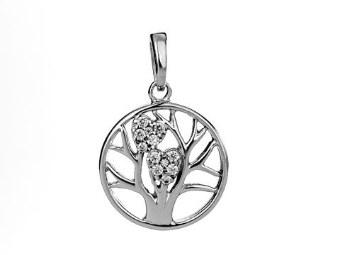 Lebensbaum Anhänger aus Silber, rhodiniert mit weißen Zirkonia, elegant gestaltet mit filigranen Ästen und Herzen, hergestellt von Juwelier Harnisch, ideal für Pflanzennaturen.