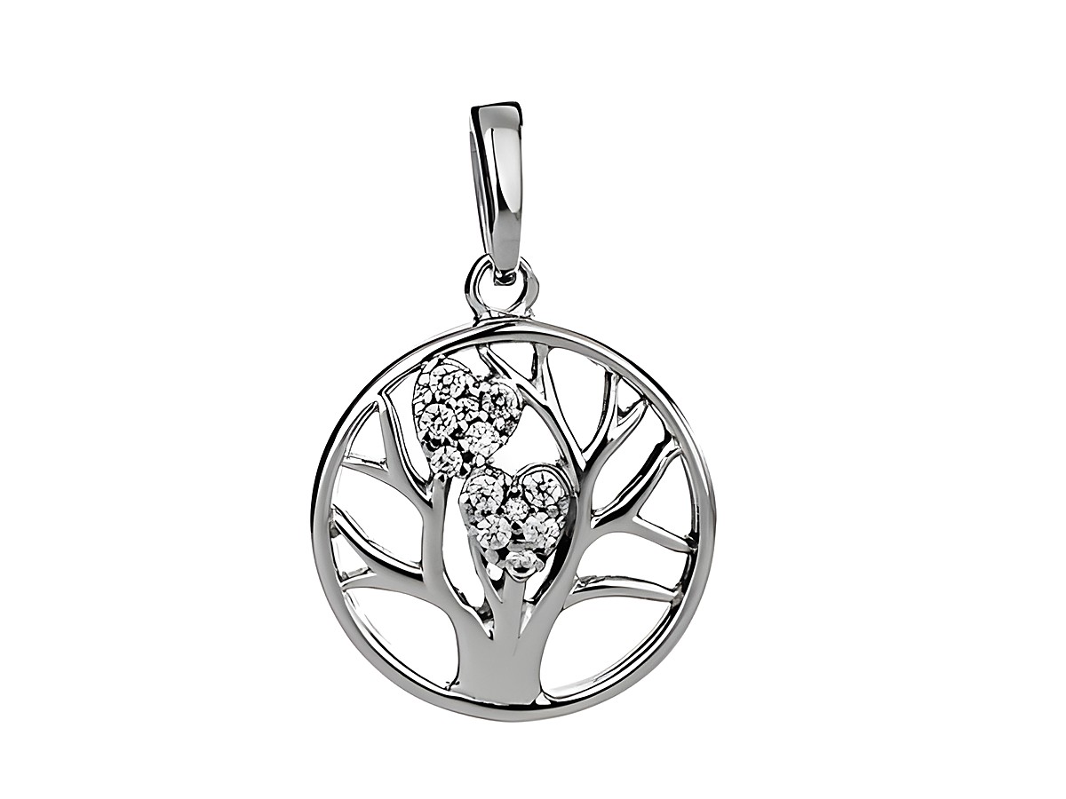 Lebensbaum Anhänger aus Silber, rhodiniert mit weißen Zirkonia, elegant gestaltet mit filigranen Ästen und Herzen, hergestellt von Juwelier Harnisch, ideal für Pflanzennaturen.