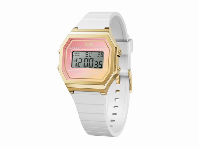 50441418-0 Die Ice Watch Uhr 022716 - ICE digit retro sunset White Dreamscape - Small zeigt ein digitales Ziffernblatt in Gold- und Rosatönen mit weißem Silikonarmband und rechteckigem Gehäuse.