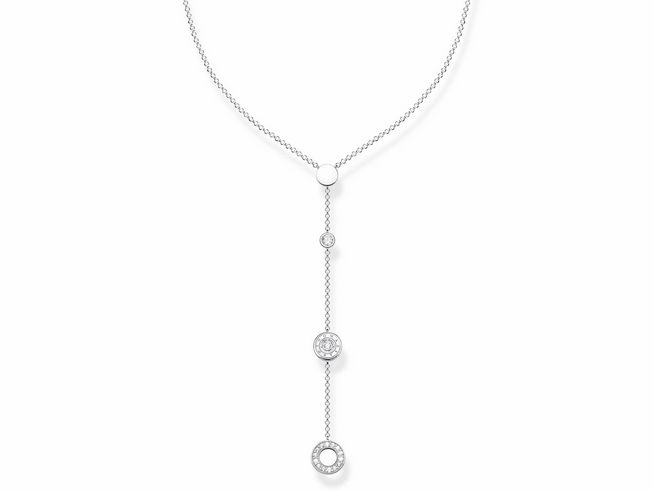 Kette von Thomas Sabo aus Silber mit Zirkonia in Weiß, verstellbare Länge von 40 bis 45 cm, filigranes Design mit drei Anhängern, eleganter Schmuck für besondere Anlässe.
