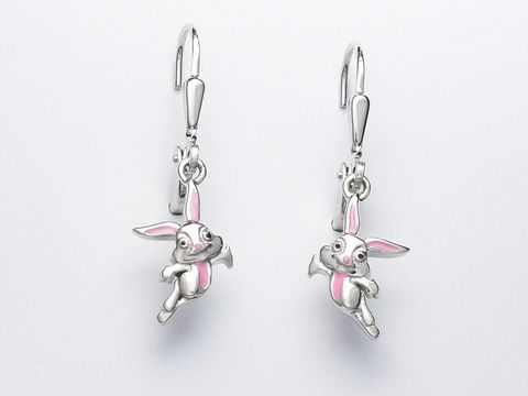 Silber Ohrringe in Form von niedlichen Hasen aus Sterling Silber mit rosa Emaile. Hänger ohne Stein, hergestellt von Juwelier Harnisch. Perfekt für Tierliebhaber.