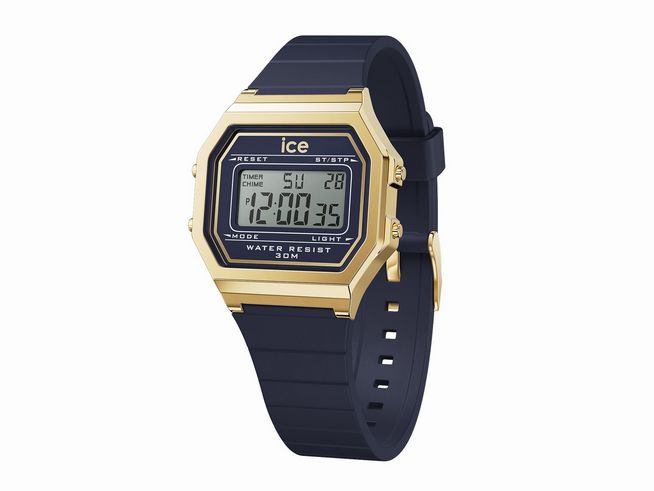 Ice Watch Uhr 022068 - ICE digit retro Twilight - Small in gold mit digitalem Display und blauem Silikonarmband, wasserfest bis 30 Meter, modernes Retro-Design.