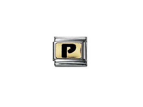 Classic schwarze Buchstabe P 030264 16 von Nomination, schwarz emailliert mit goldener Umrandung, rechteckige Form, elegante und moderne Gestaltung. Ideal für individuelle Schmuckstücke.