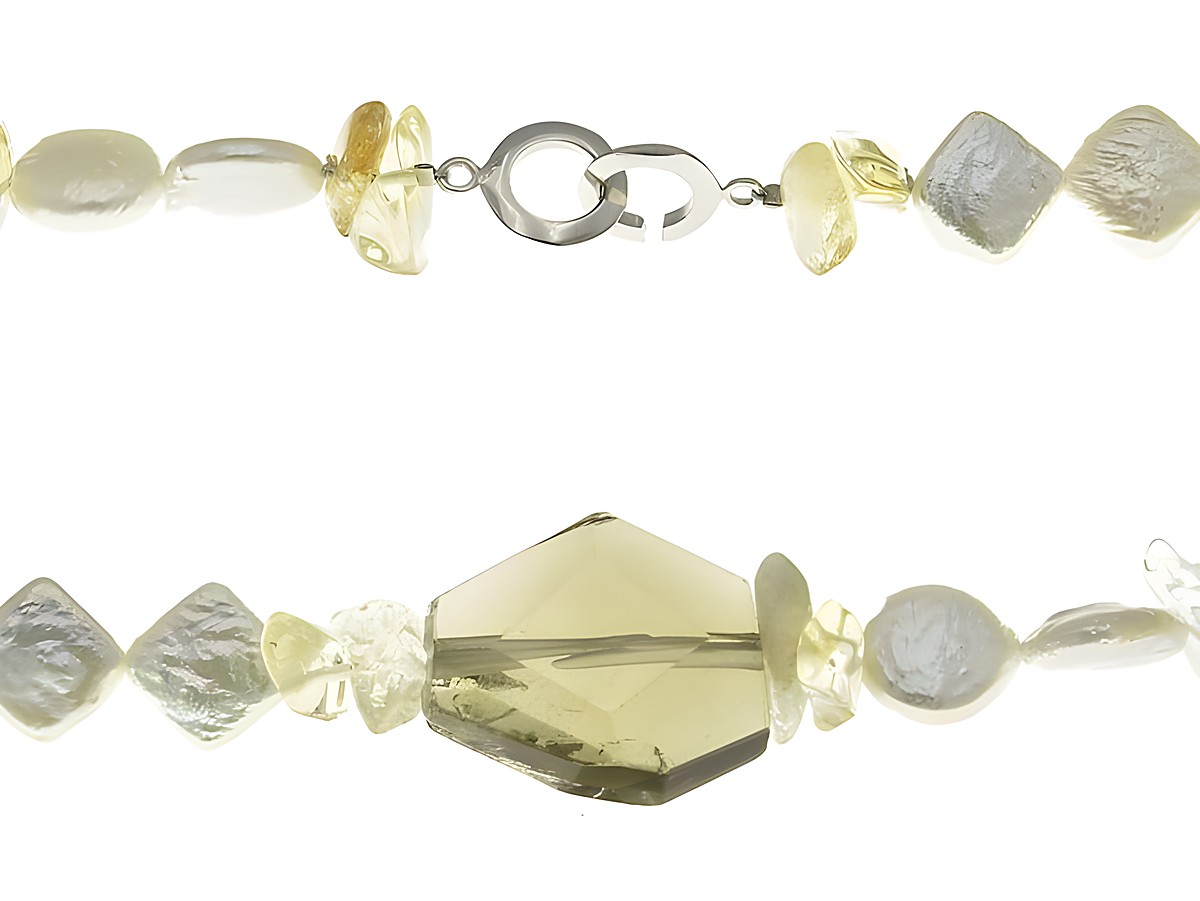 Steinkette 51 cm aus Rauchquarz, Süßwasser Zuchtperlen und Citrin, gefertigt von Juwelier Harnisch, in bunten Farben, mit zentralem Schmuckstück und hochwertigem Verschluss.