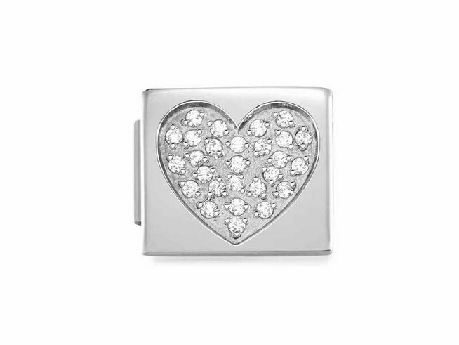 423031203-0 Charms Edelstahl von Nomination mit einem herzförmigen Design, verziert mit klaren Zirkonia-Steinen, ideal für die individuelle Schmuckgestaltung.