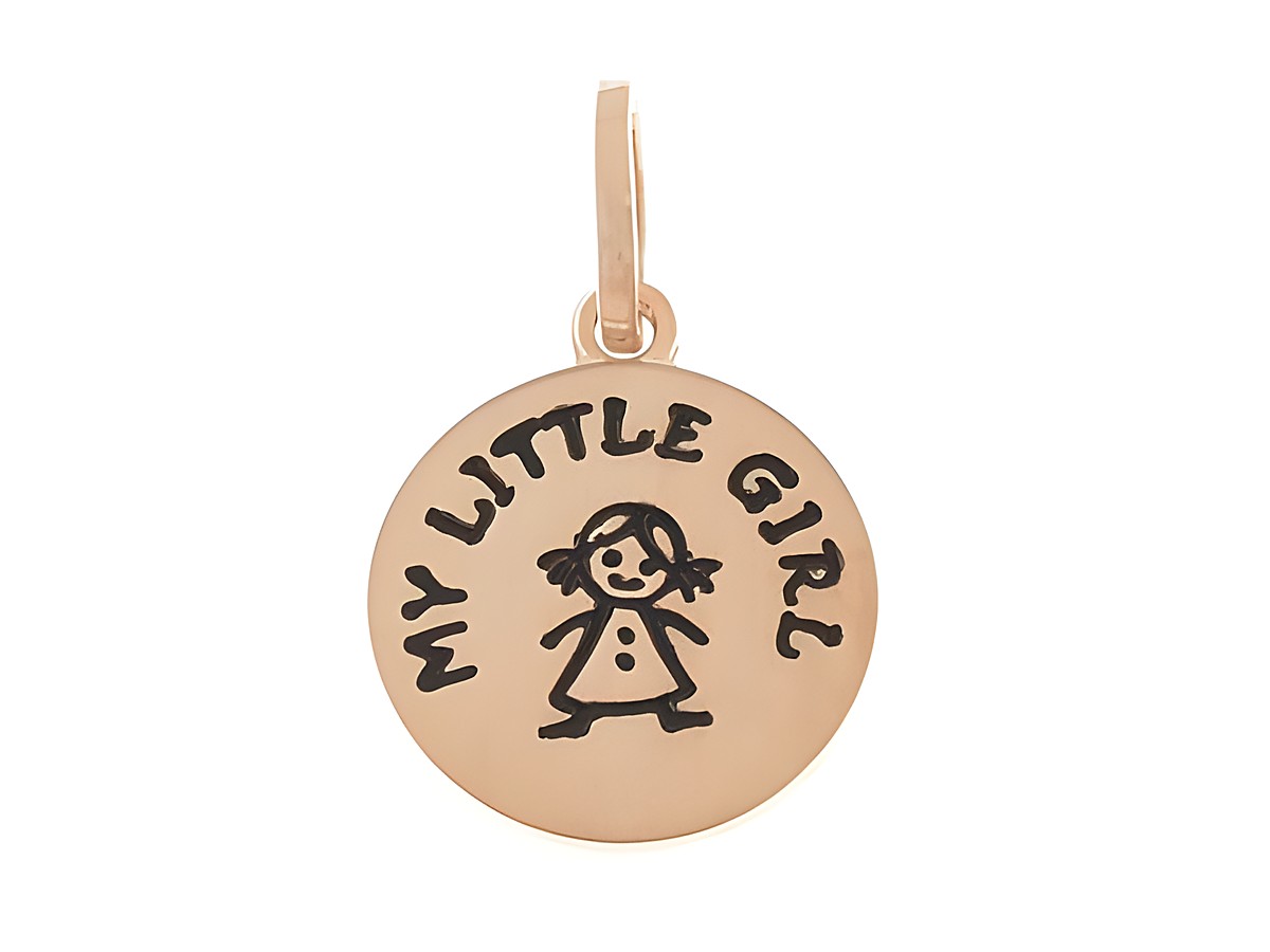 Ein charm aus 925 Sterling Silber, rosé vergoldet, mit der Gravur My Little Girl und einer kindlichen Zeichnung eines Mädchens, ideal für Kinder, Hersteller Juwelier Harnisch.