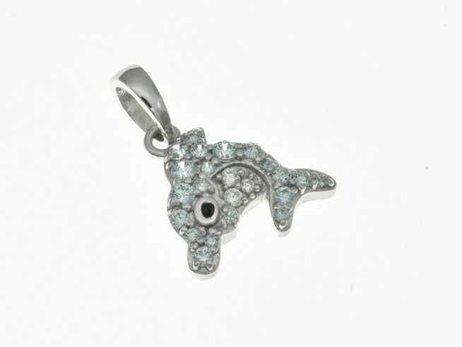 Delfin Anhänger aus rhodiniertem Sterling Silber, verziert mit Zirkonia, Hersteller Juwelier Harnisch, detailreiche und glitzernde Tierdarstellung.