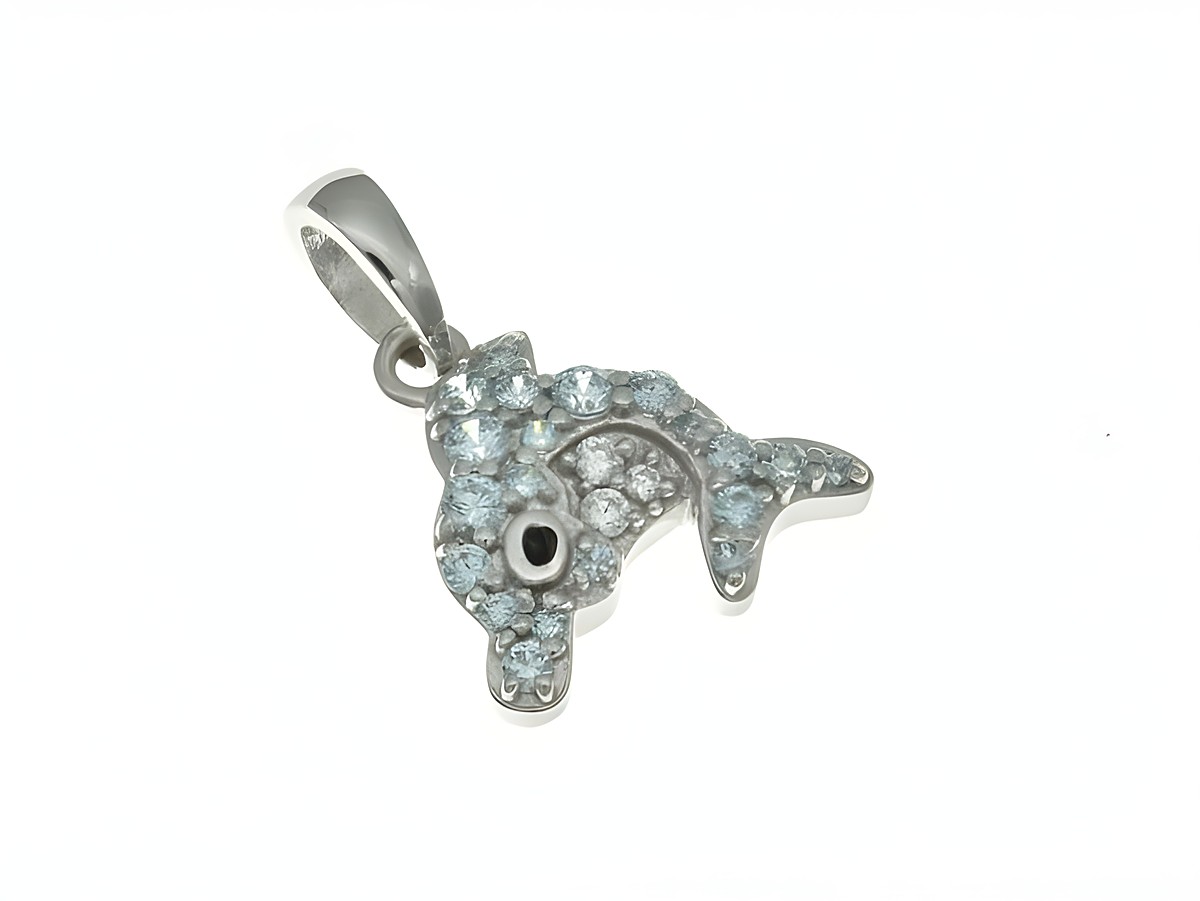 Delfin Anhänger aus rhodiniertem Sterling Silber, verziert mit Zirkonia, Hersteller Juwelier Harnisch, detailreiche und glitzernde Tierdarstellung.