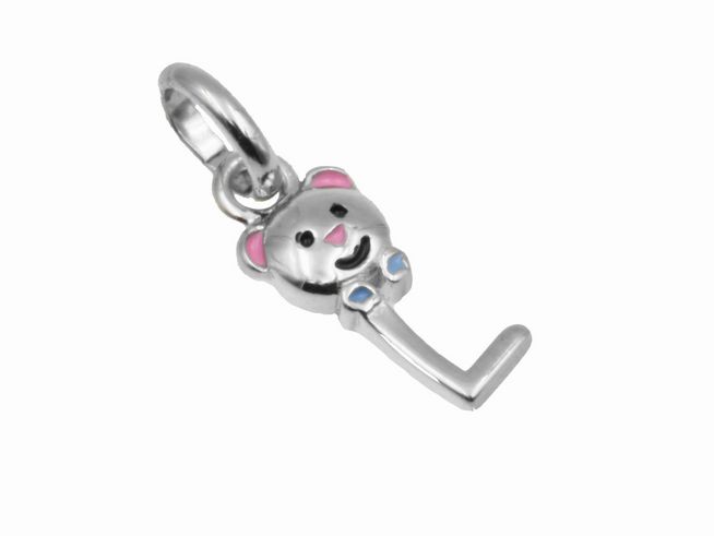 Teddy Anhänger aus 925 Sterling Silber, poliert und rhodiniert, mit niedlichem Gesicht und bunten Akzenten, ideal für Kinder, Hersteller Juwelier Harnisch.