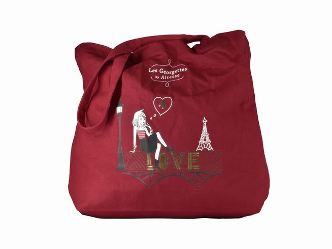 Einkaufs Shopper von Les Georgettes in Bordeauxrot mit einem grafischen Motiv einer Frau, einem Herz und dem Eiffelturm, Größe 44x34,5 cm, ideal für stilbewusste Einkäufe.