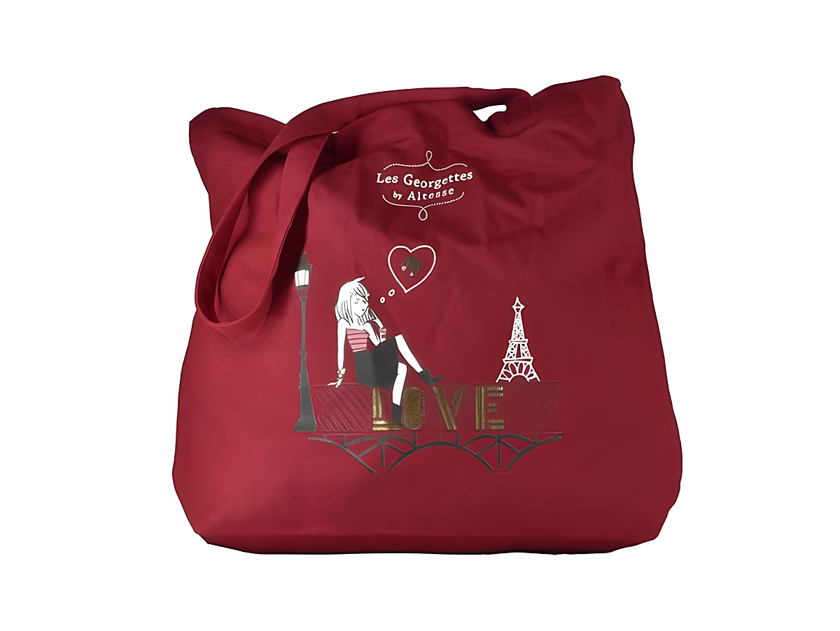 Einkaufs Shopper von Les Georgettes in Bordeauxrot mit einem grafischen Motiv einer Frau, einem Herz und dem Eiffelturm, Größe 44x34,5 cm, ideal für stilbewusste Einkäufe.