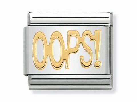 Schriftzug OOPS in gold auf einem silbernen Nomination Classic Motiv, Modellnummer 030107 29, für Armbänder geeignet.