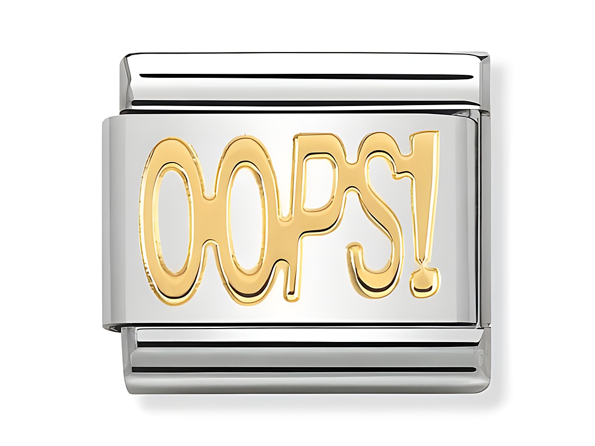 Schriftzug OOPS in gold auf einem silbernen Nomination Classic Motiv, Modellnummer 030107 29, für Armbänder geeignet.