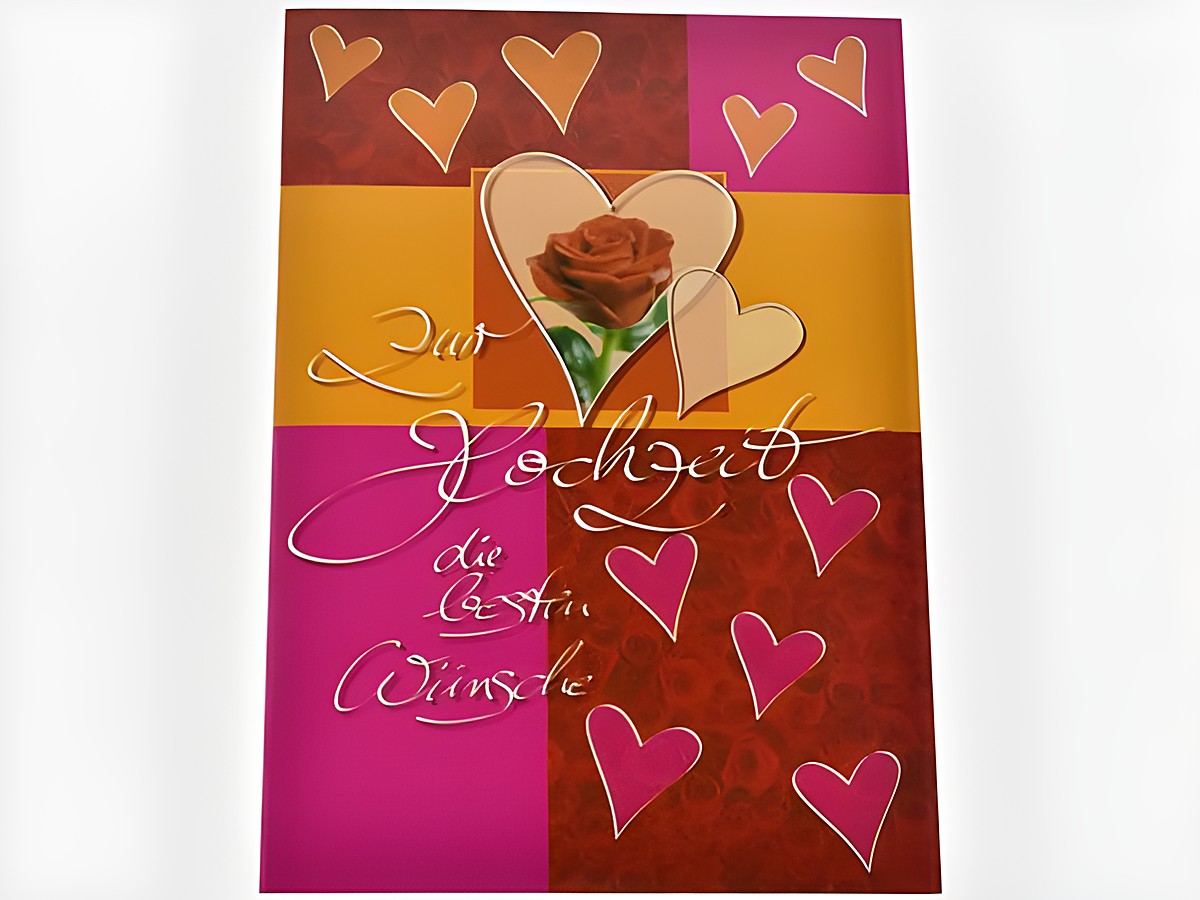 Hochzeitskarte in verschiedenen Rottönen mit Herzen und einer roten Rose, dekoriert mit der Aufschrift zur Hochzeit die besten Wünsche, Hersteller Juwelier Harnisch.