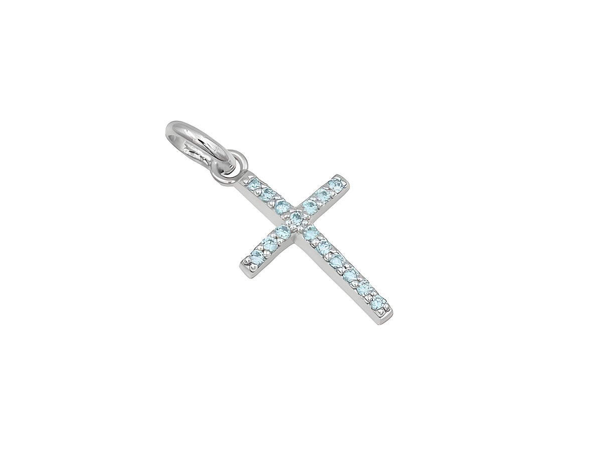 Anhänger Kreuz bezaubernd aus rhodiniertem Sterling Silber mit blauen Zirkonia-Steinen, Hersteller Juwelier Harnisch, elegantes Design, ideal für individuelle Schmuckstücke.