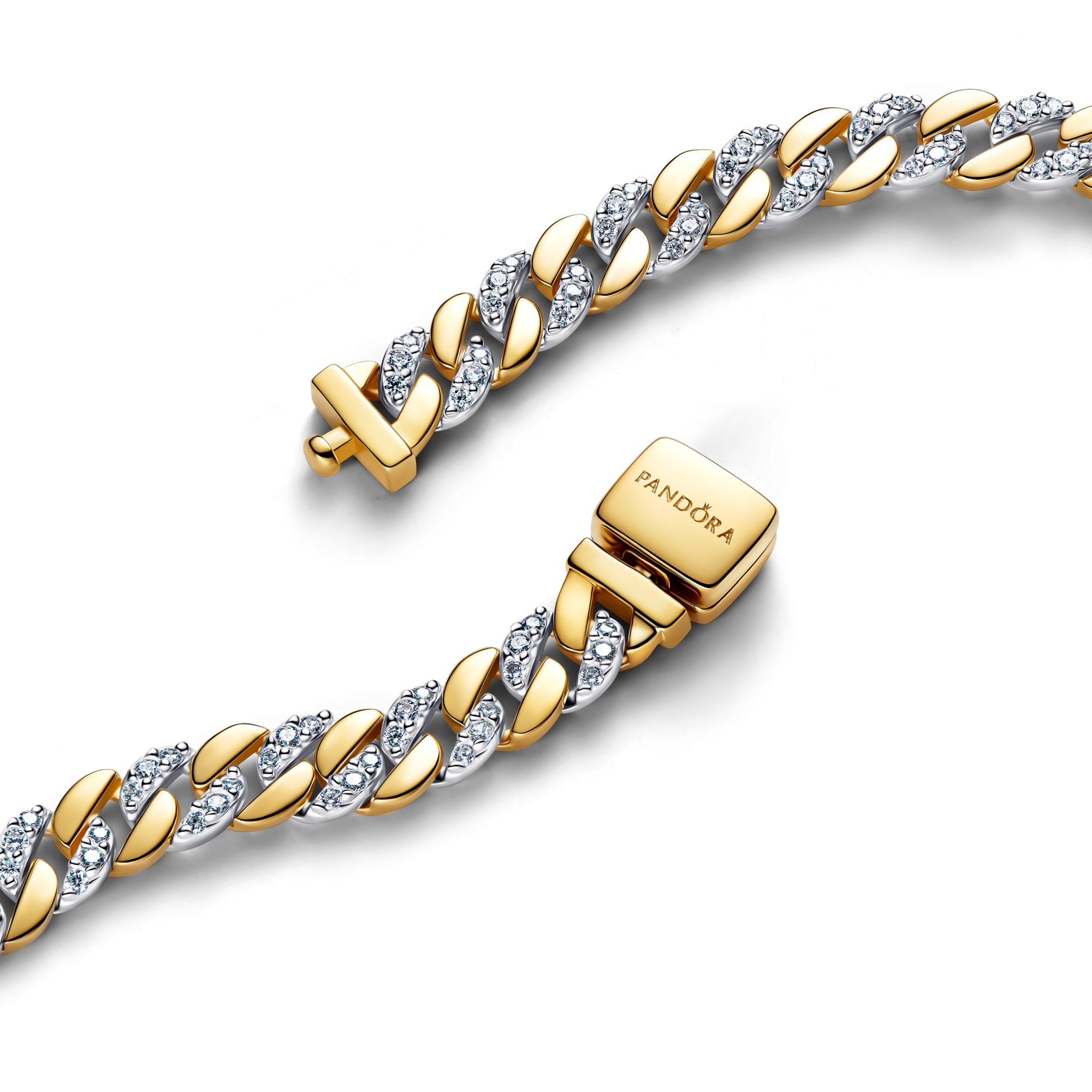 Pandora Bicolor Pavé Cuban-Panzerarmband - Sterling Silber & Gelbgold Vergoldung - Zirkonia – Ansicht 2