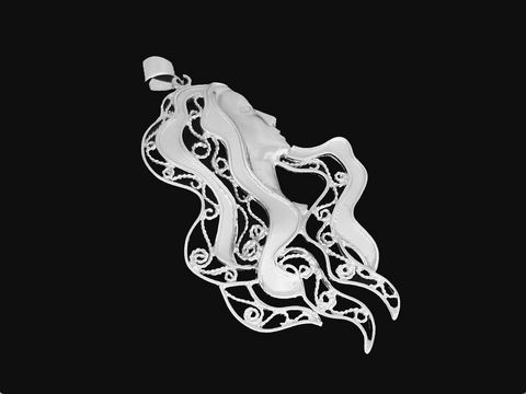 Frauengesicht als Anhänger aus 925 Sterling Silber, poliert und mattiert, mit filigranem Design und unterschiedlichen Motiven, hergestellt von Juwelier Harnisch.