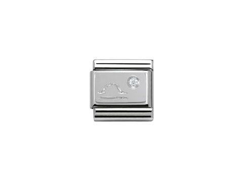Silberner Charm von Nomination mit dem Zirkonia-Stein und dem Sternzeichen Waage, elegant gestaltet mit symbolischen Motiven, ideal für persönliche Armbänder.
