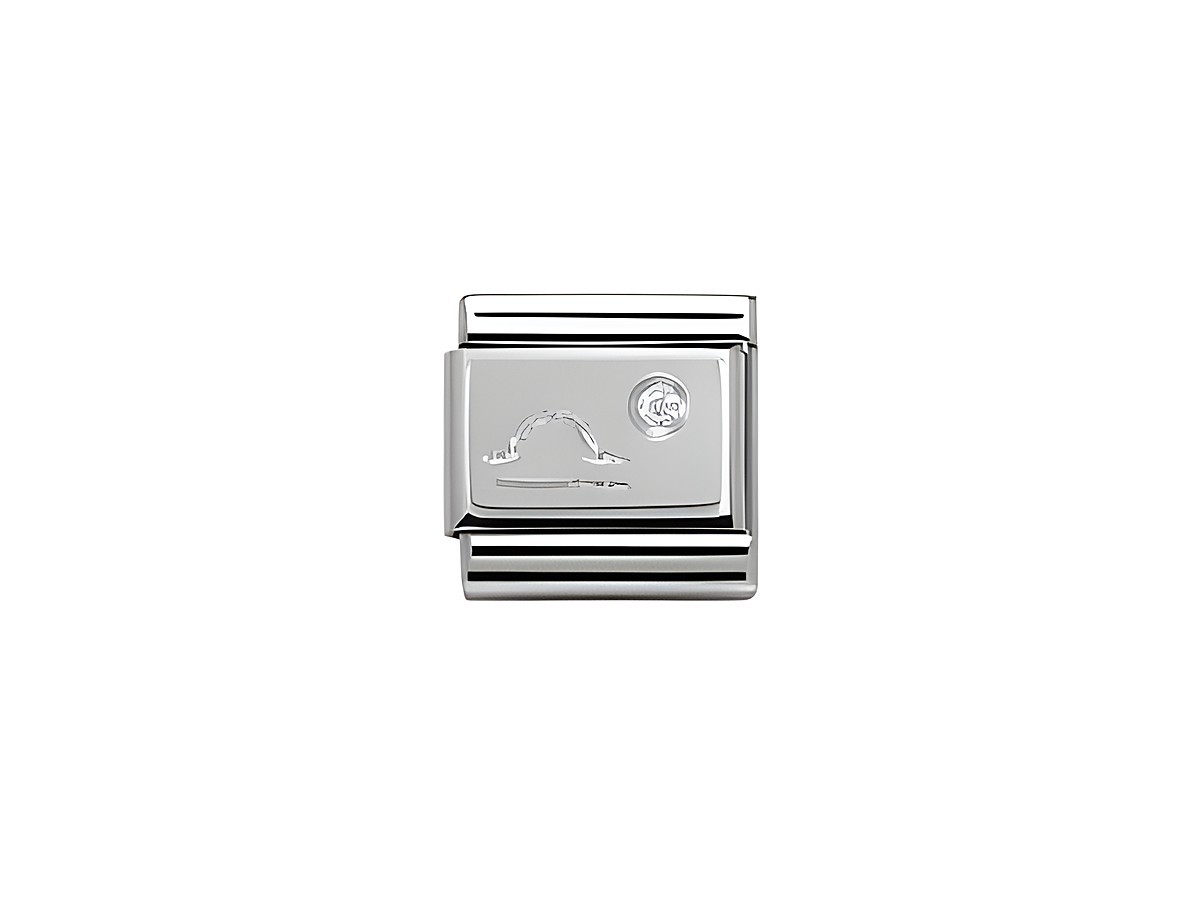 Silberner Charm von Nomination mit dem Zirkonia-Stein und dem Sternzeichen Waage, elegant gestaltet mit symbolischen Motiven, ideal für persönliche Armbänder.