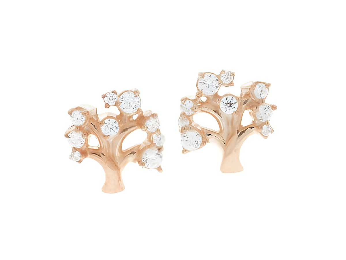 Ohrringe Stecker in Baumform aus Silber rosé vergoldet, filigran verarbeitet, verziert mit funkelndem Zirkonia, Hersteller Juwelier Harnisch.