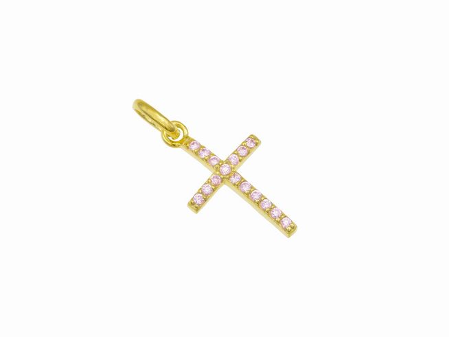 Kreuzanhänger aus Sterling Silber, gelbgold vergoldet, besetzt mit rosa Zirkonia, hergestellt von Juwelier Harnisch, elegantes Design mit funkelndem Stein.