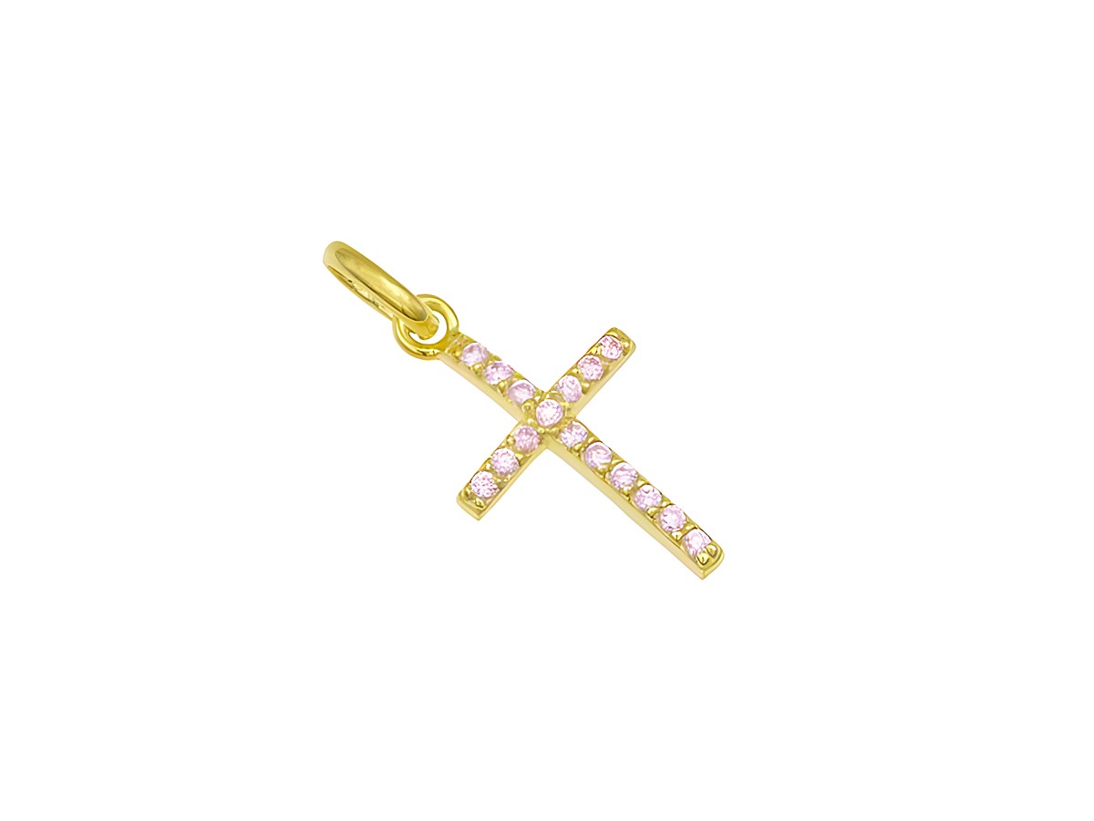 Kreuzanhänger aus Sterling Silber, gelbgold vergoldet, besetzt mit rosa Zirkonia, hergestellt von Juwelier Harnisch, elegantes Design mit funkelndem Stein.