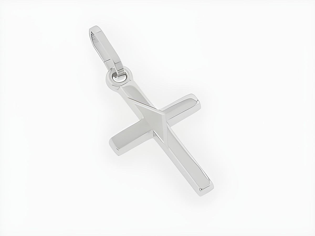 Kreuz Silber Anhänger im Pfeildesign, teilmattiert und rhodiniert, mit diamantierten Flächen, Hersteller Juwelier Harnisch, ansprechendes Muster.