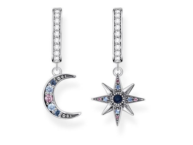 Ohrhänger aus Sterling Silber mit Anhängern in Form eines Mondes und eines Sterns, verziert mit Glas-Keramik, synthetischem Spinell und Zirkonia. Hersteller Thomas Sabo, Modell CR682-945-7.