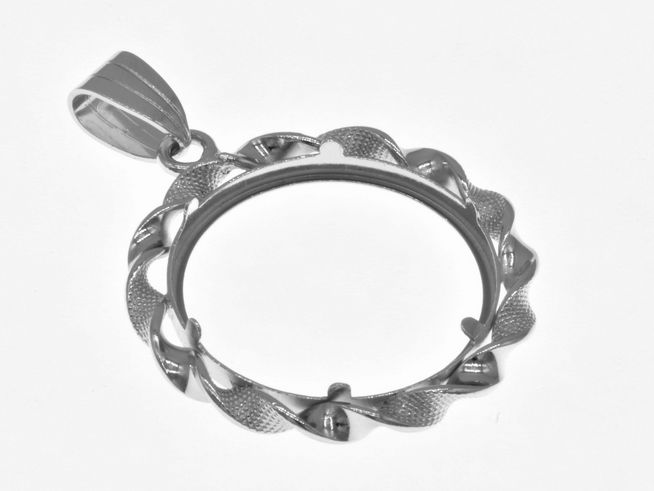 Münzfassung für Anhänger aus 925 Sterling Silber, rhodiniert, geeignet für Münzen bis 22 mm Durchmesser, mit einer dekorativen Kordelstruktur, hergestellt von Juwelier Harnisch.