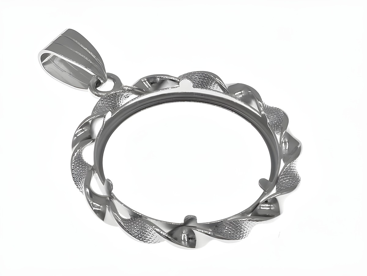 Münzfassung für Anhänger aus 925 Sterling Silber, rhodiniert, geeignet für Münzen bis 22 mm Durchmesser, mit einer dekorativen Kordelstruktur, hergestellt von Juwelier Harnisch. – Ansicht 3
