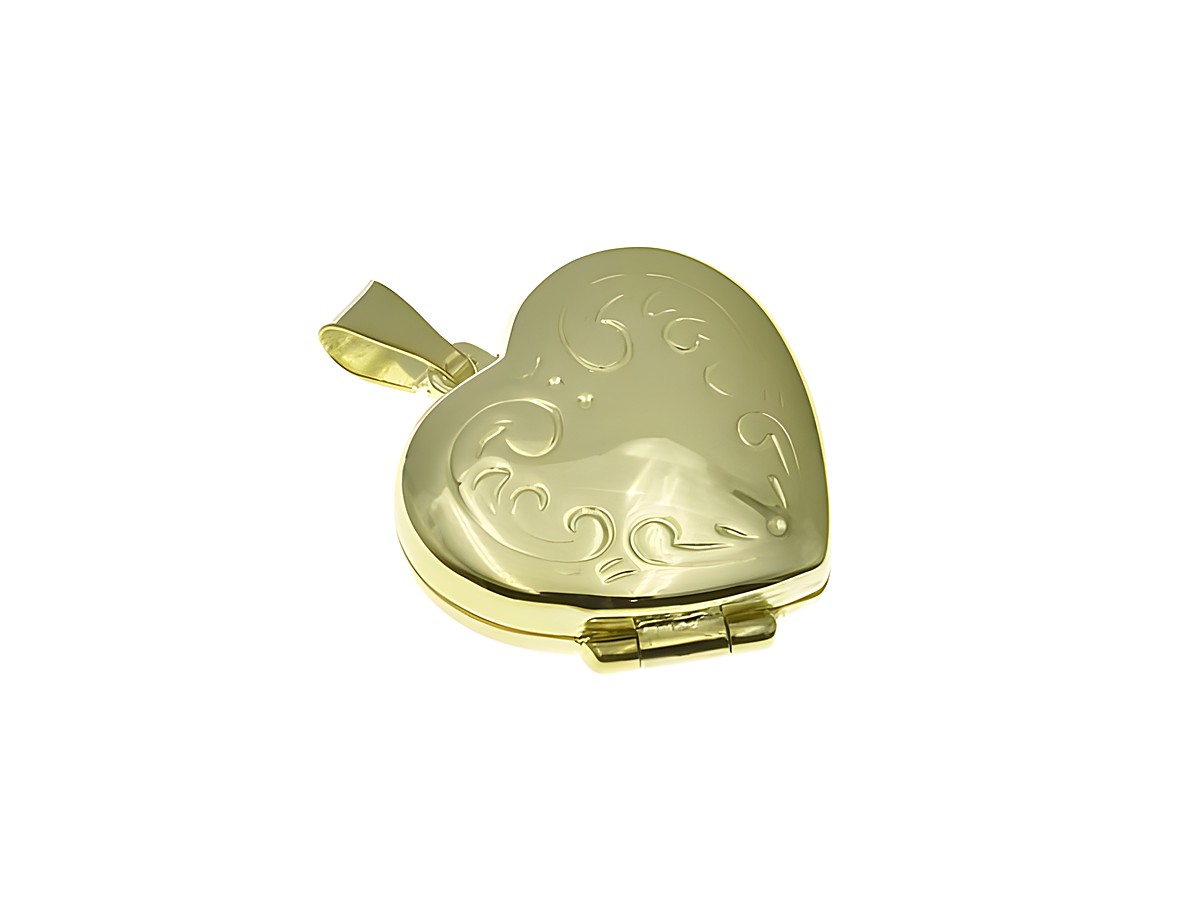 Herz Medaillon aus poliertem, vergoldetem Sterling Silber, gefertigt vom Juwelier Harnisch, mit eleganter Gravur und glänzender Oberfläche in Gelbgold.