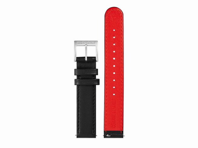 Lederarmband von Mondaine FEM.3116.21Q.4.K aus schwarzem Echtleder mit Naht, 16 mm, gefertigt für Ersatzuhrenarmbänder, eine Seite schwarz, die andere rot.