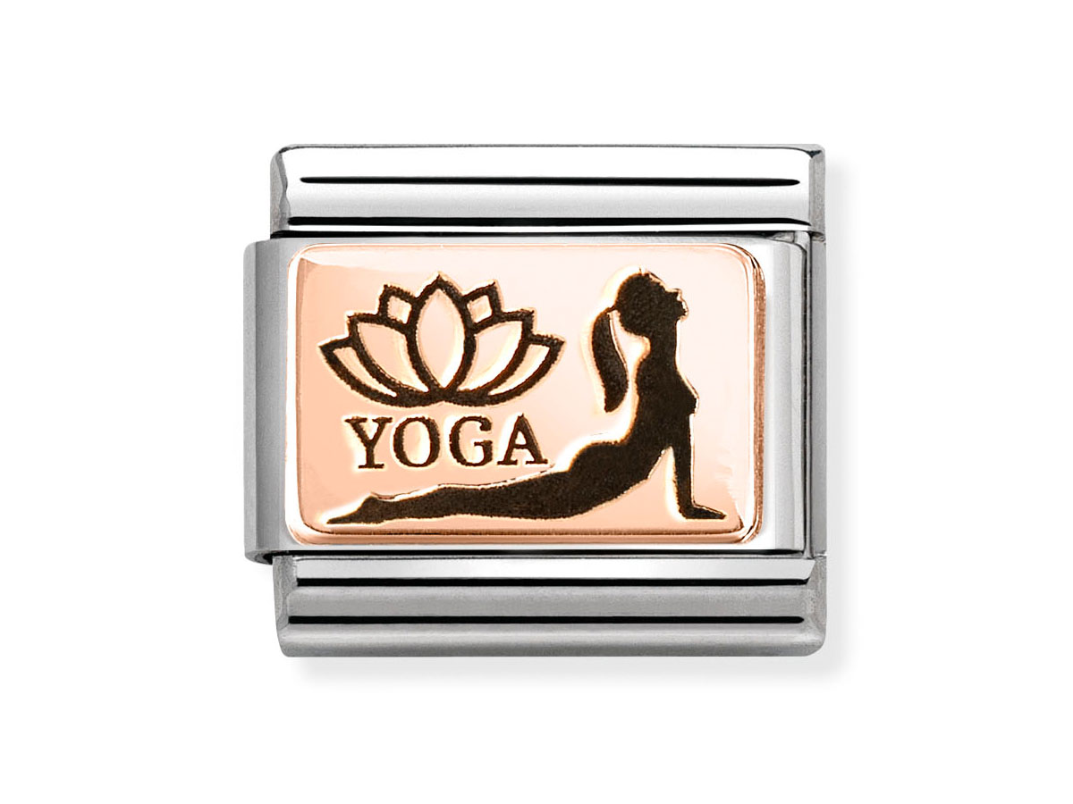 Plättchen aus Roségold mit gravierter Yoga Kobra und Lotusblüte, gefertigt von Nomination, Modell 430111 32 CLASSIC Element, ideal für eine stilvolle Armbandgestaltung.