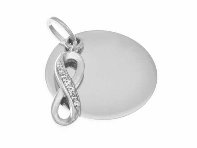 Runde Gravurplatte mit symbolischem Unendlichkeitssymbol, schlichtes Design, aus Silber rhodiniert, verziert mit weißen Zirkonia, Hersteller Juwelier Harnisch.