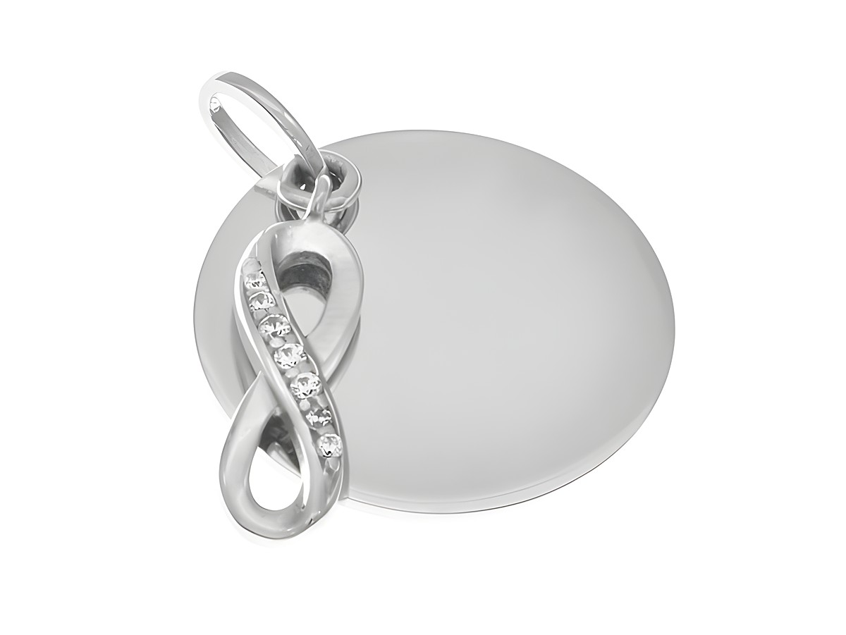 Runde Gravurplatte mit symbolischem Unendlichkeitssymbol, schlichtes Design, aus Silber rhodiniert, verziert mit weißen Zirkonia, Hersteller Juwelier Harnisch.