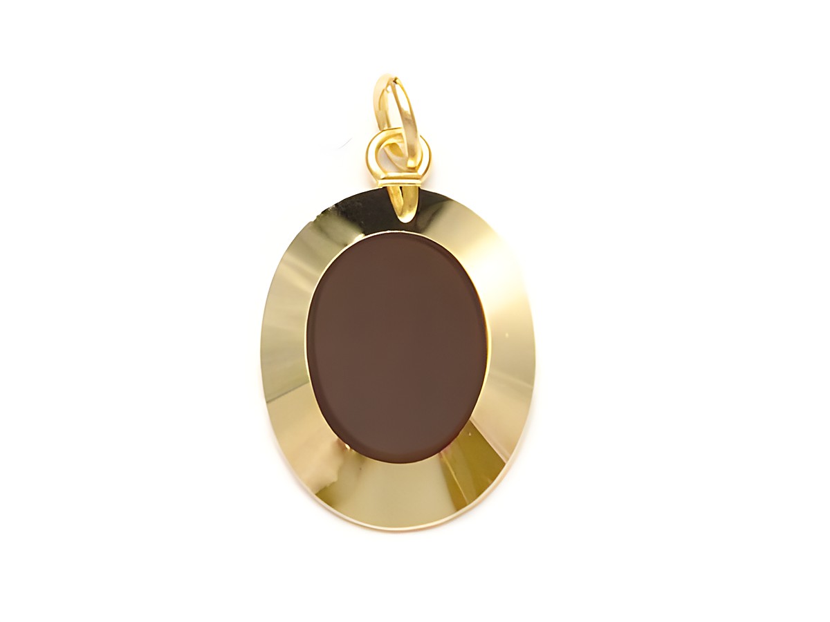 Ovaler Anhänger mit Doublé Gold Auflage und Tigerauge, Hersteller Juwelier Harnisch, eleganter Schmuck für individuelle Akzente. Ideal als besonderes Geschenk oder für persönliche Freude.