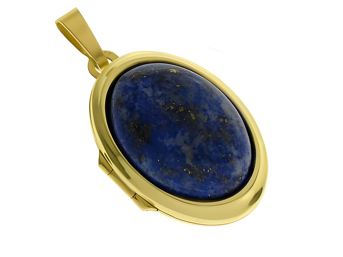 Lapislazuli Medaillon mit Cabochon in Gold 585, hergestellt von Juwelier Harnisch. Der ovalförmige Edelstein zeigt eine tiefblaue Farbe mit goldenen Einsprenklungen.