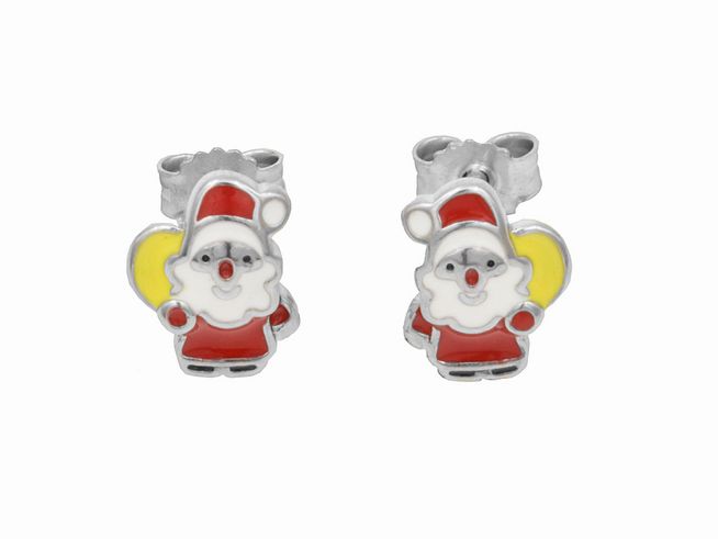 Ohrstecker in Form von Weihnachtsmännern aus rhodiniertem Sterling Silber mit lackierter Oberfläche in Weiß, Rot und Gelb, geeignet für Kinder, hergestellt von Juwelier Harnisch.