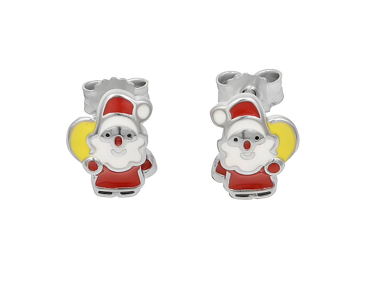 Ohrstecker in Form von Weihnachtsmännern aus rhodiniertem Sterling Silber mit lackierter Oberfläche in Weiß, Rot und Gelb, geeignet für Kinder, hergestellt von Juwelier Harnisch.