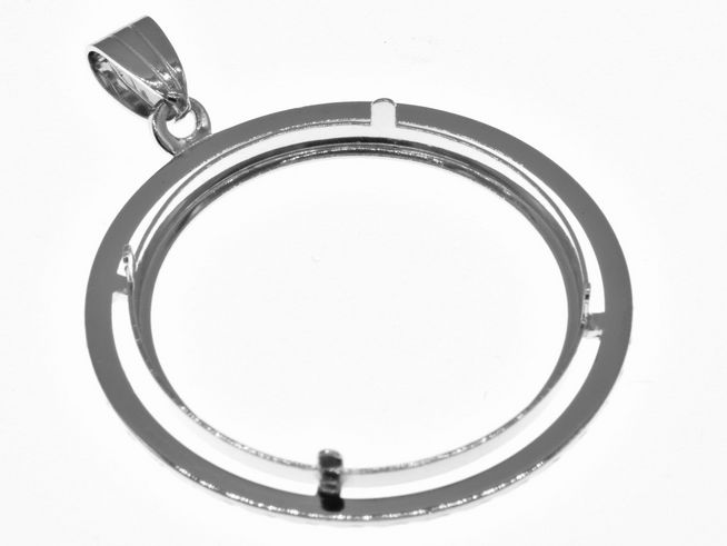 Rhodinierter Anhänger aus 925 Sterling Silber in Münzfassung für maximal 30,7 mm Durchmesser, geeignet für Münzen bis 3,5 cm, von Juwelier Harnisch, diamantierte Oberfläche.