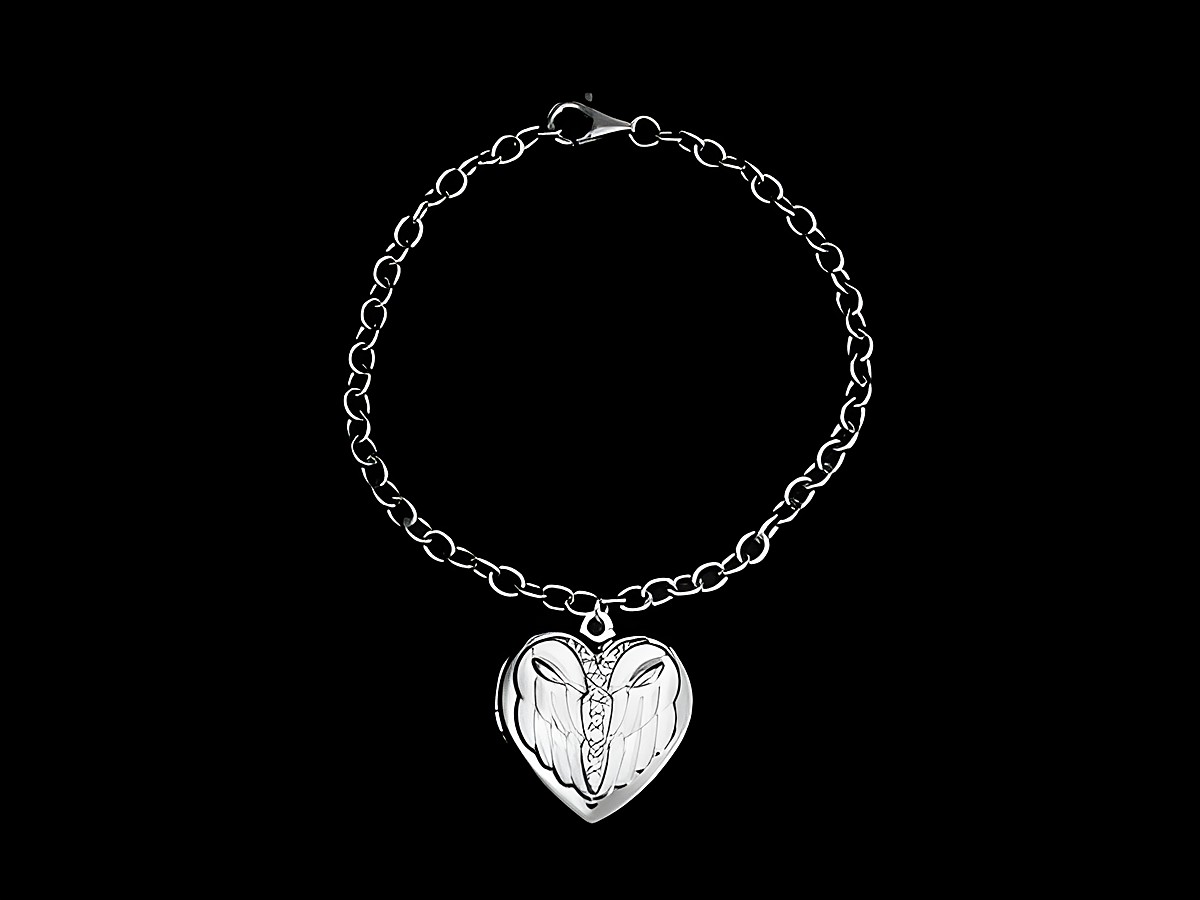 Silber Armband mit Medaillon in Herzform mit Flügeln, weiß lackiert, ohne Stein, Zirkonia, Hersteller Juwelier Harnisch.
