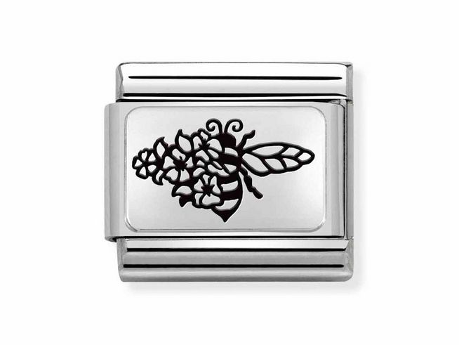 Charm von Nomination Classic Silber 330111 21 aus Edelstahl und Sterling Silber mit einer Biene, die von Blumen umgeben ist, detailreich und elegant gestaltet.